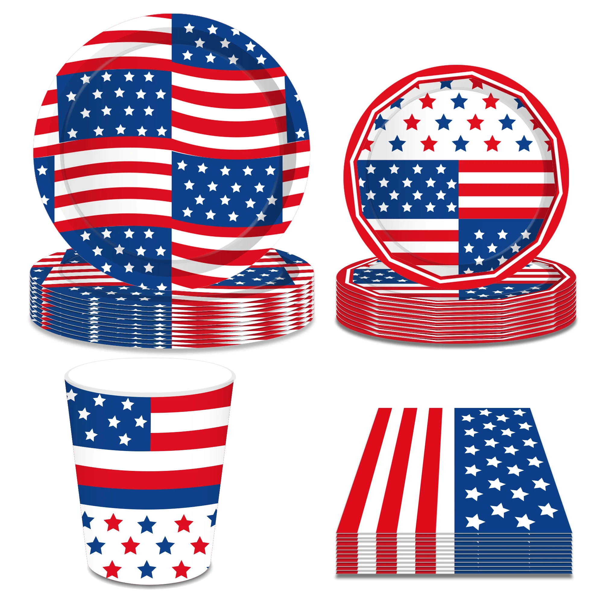 

American Independence Day Disposable Tableware Sets USA July 4th Theme Party Plates Cups Napkins Table Dinnerware Decor Supplies