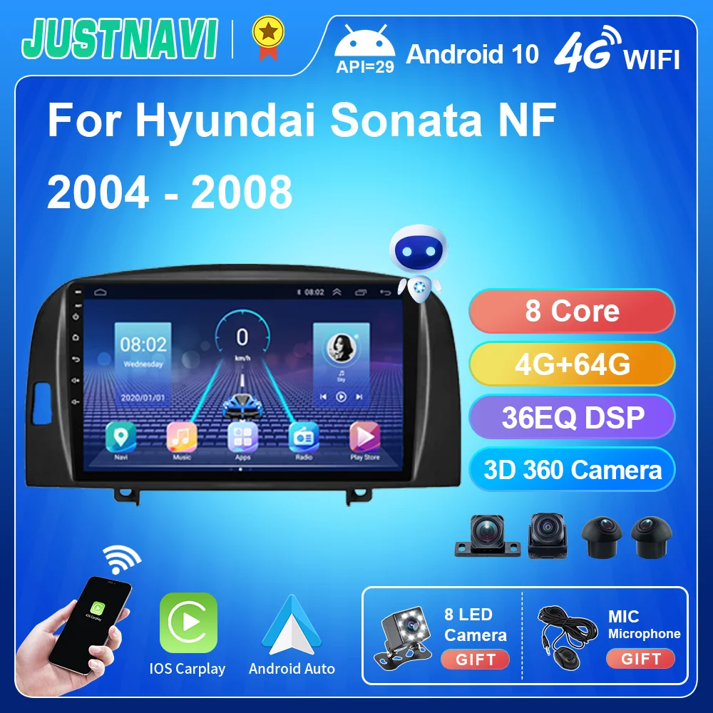 JUSTNAVI Android 10.0 Carplay 4G WIFI DSP BT Radio Video Player For Hyundai Sonata NF 2004 - 2008 Head Unit GPS AMP No 2 din DVD