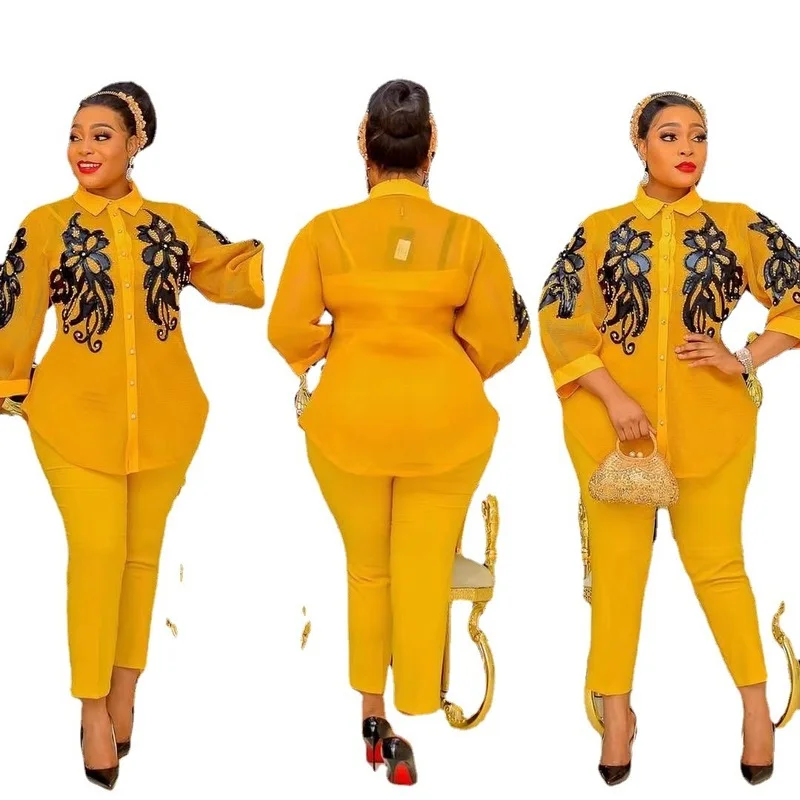 

Three Pieces Sets Top Inner and Pant African Clothes Women Autumn African Women Long Sleeve White Black Yellow Polyester Suit