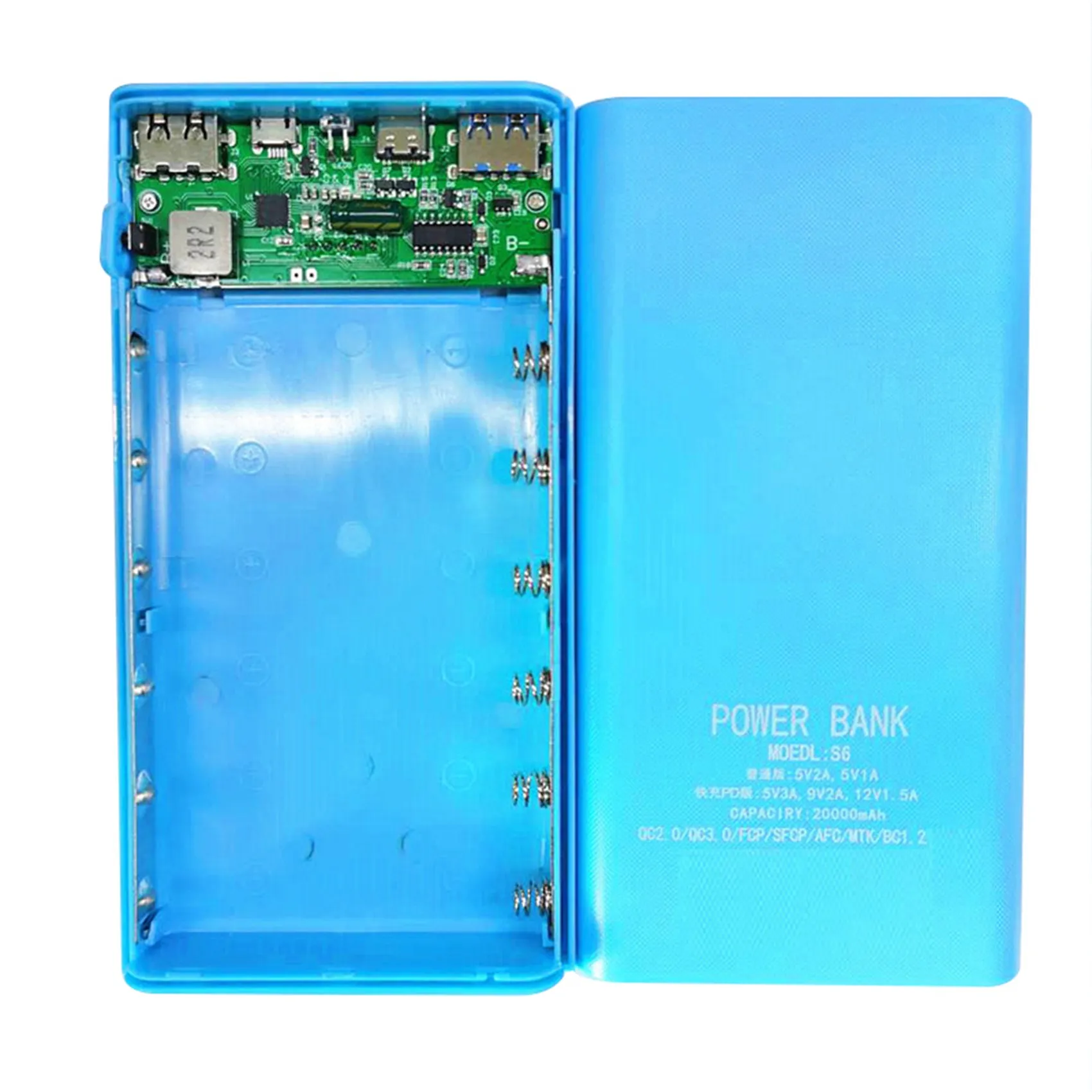 

18650 Battery Power Bank Box 5V 2.1A LCD Display 20000MAh Power Board for 6X18650 Battery DIY Powerbank Case(Blue)