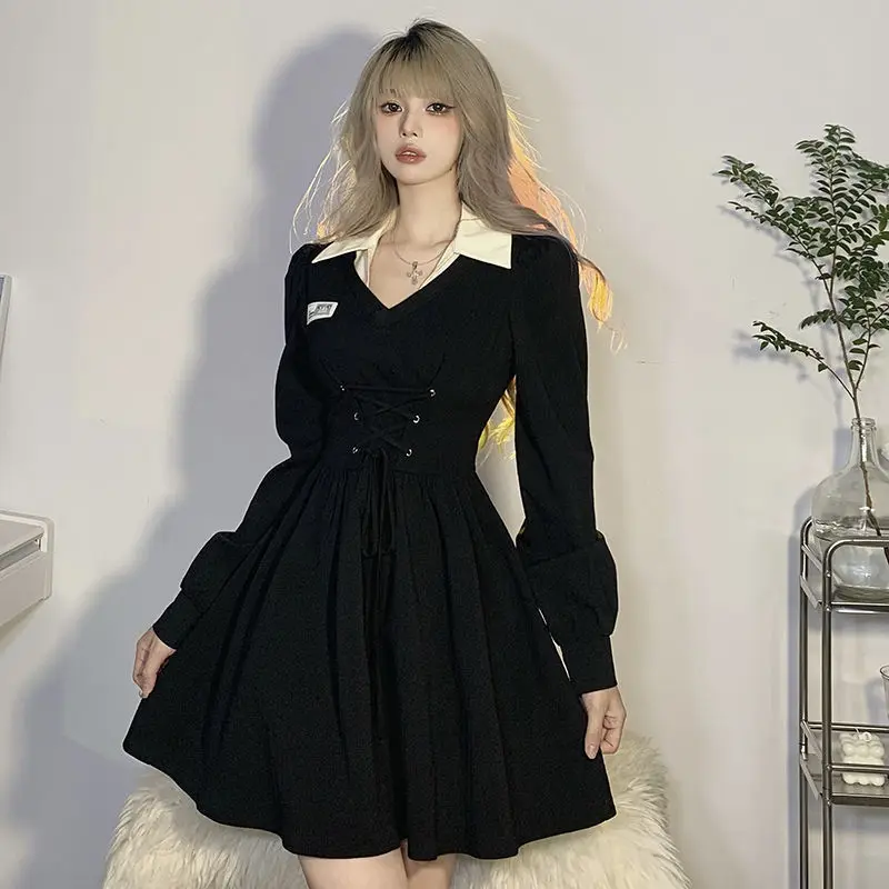 

Hikigawa Chic Fashion Women Gothic Cross Bandage Slim Waist Mini Dresses Loose A-Line Streetwear Turn Down Collar Vestidos Mujer