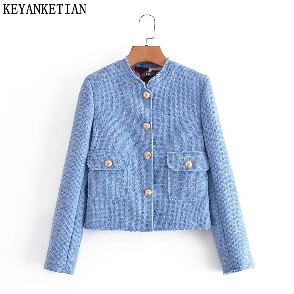

KEYANKETIAN Women's Sky blue Mini fragrance Coat fall new print collared stand collared buttoned straight tube tweed suit