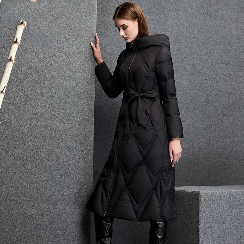 90 White Duck Down Jacket Women Autumn Winter 2022 New Mid-Length Over-The-Knee Hooded Parkas Thick Warm Solid Color Coat Female