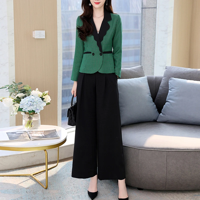 

Женский Повседневный костюм из двух предметов, Элегантный жакет с длинным рукавом и прямые брюки с широкими штанинами, Весенний костюм