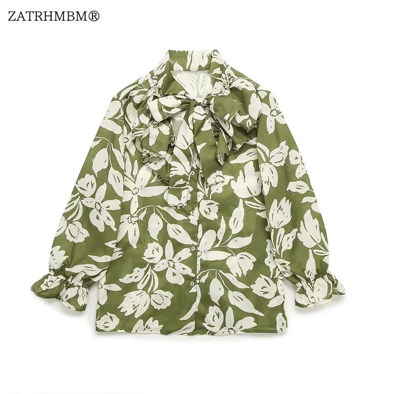 

ZATRHMBM Women 2023 New Fashion Flower Print Blouse Elegant Bow Vintage Trumpet Sleeve Button Up Female Shirts Blusas Chic Tops