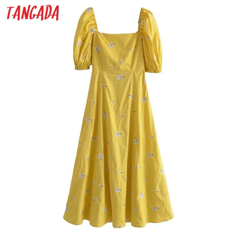 

Женское длинное платье с вышивкой Tangada, желтое Хлопковое платье макси с коротким рукавом и квадратным вырезом, 3H274, лето 2022