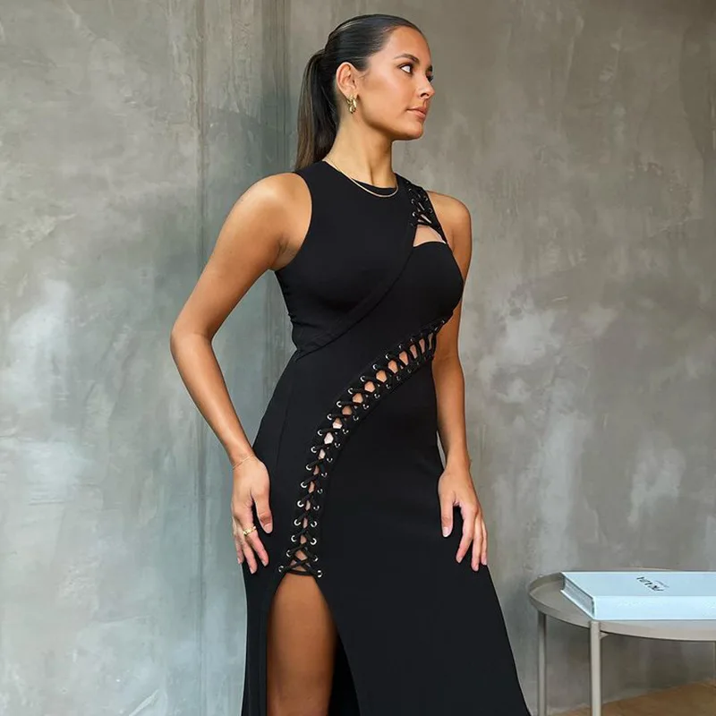 

Temperament and elegant ribbon asymmetric hollow slit dress long skirt dress