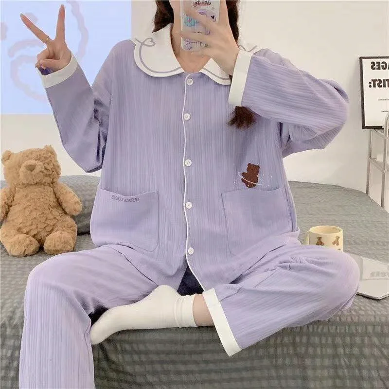 

2 PCS Set Long Sleeves Korea Girl Cute Cartoon Loose Style Home Clothing Women Pajamas Top Quality Sleepwear Night Clothes