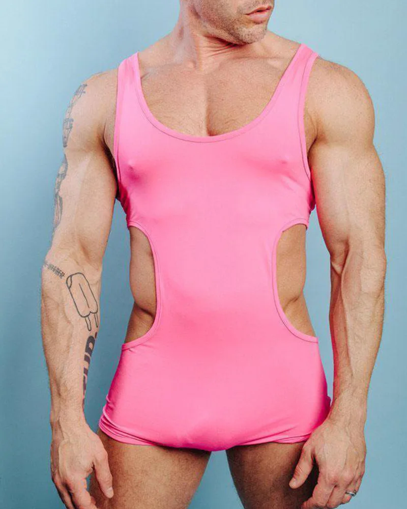 

Men Summer Spring Sexy O Neck Hollow Out Solid Color Slim Fit Jumpsuit Sleeveless Jumpsuit Playsuit Romper Shorts