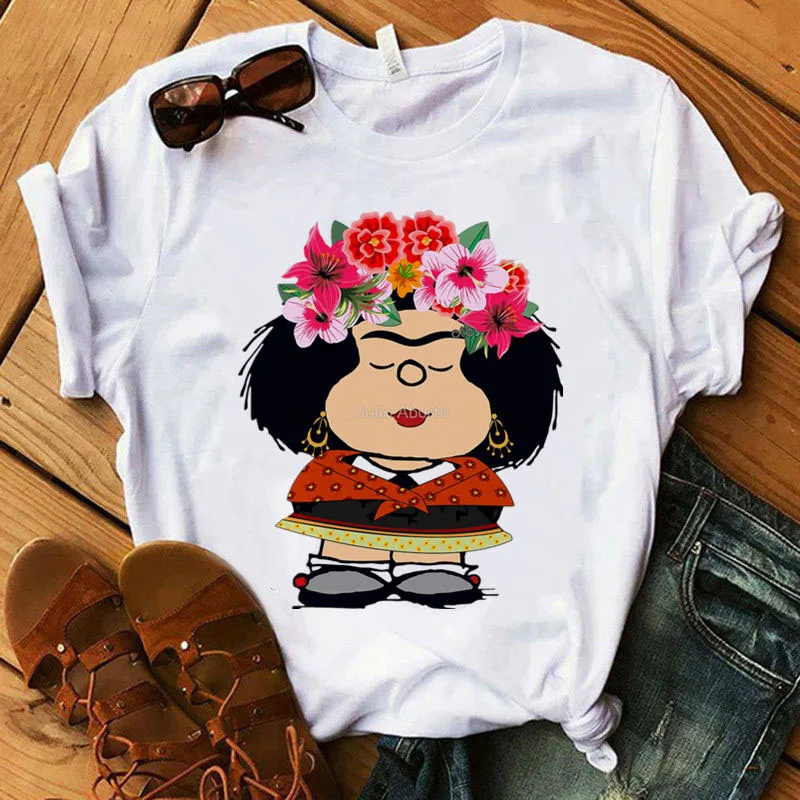 

Mafalda T-shirt Women Summer harajuku casual short sleeve T-shirts Streetwear O-Neck White Tops Tee 90s cartoon tshirt Femme