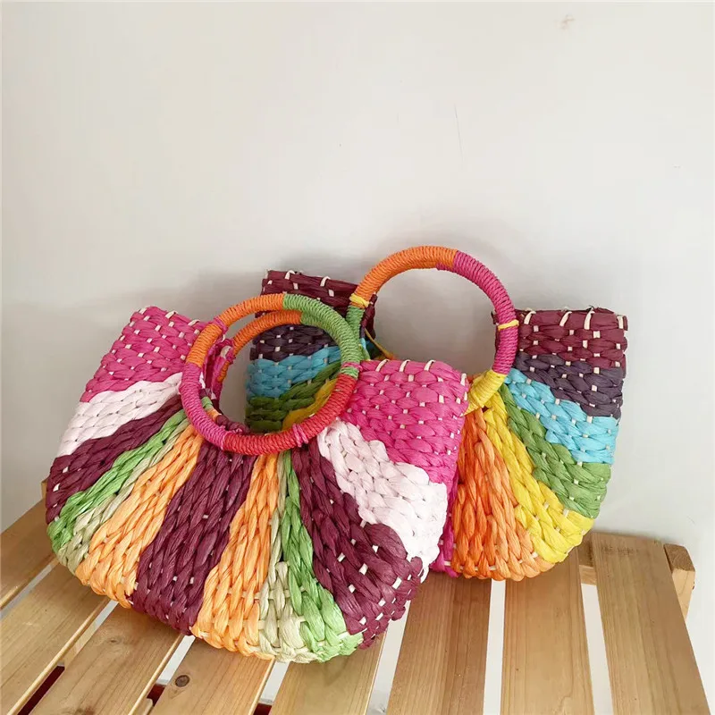 Summer Beach Bags Handmade Half-Round Rattan Woven Straw Bag New Colorful Large Totes Capacity Ladies Handbags Vacation Handbag