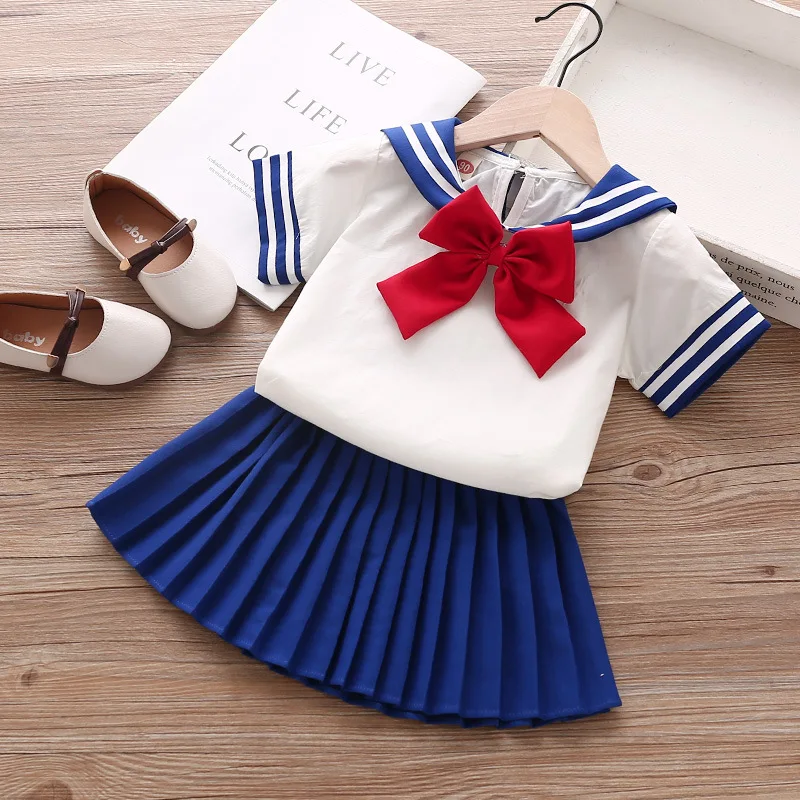 

Летнее платье для девочек, корейский темно-синий стиль, юбка с коротким рукавом, комплект из двух предметов, плиссированная юбка-трапеция, костюмы