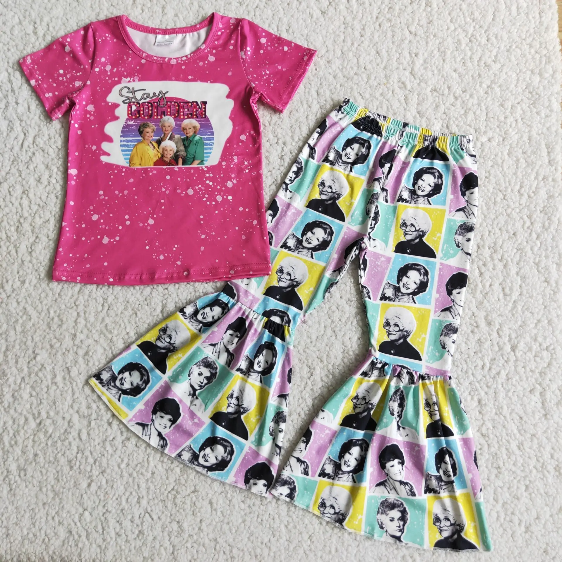 

Оптовая продажа, изысканные комплекты одежды для девочек RTS на заказ, детские штаны с коротким рукавом и колокольчиком, наряды для маленьких детей