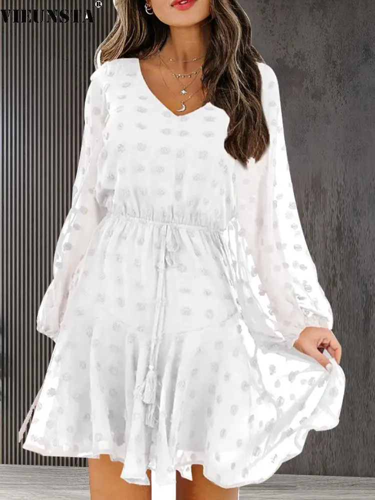 

2022 Spring Snowball Printing Chiffon Dress Women Elegant V Neck Summer Beach Dress Casual Elastic Waist Bow Slim Office Dresses