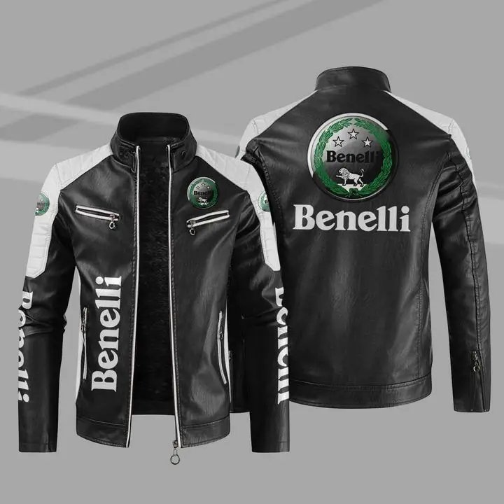 

New Men's PU Leather Winter Benelli Motorcycle Logo Fashion Motorcycle Bomber Zipper Jacket Outwear Keep Warm Male Coat