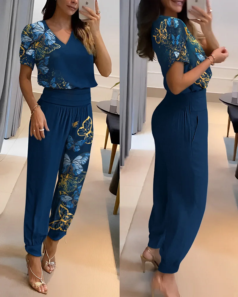 

Женский комплект из топа с V-образным вырезом и брюк с завышенной талией