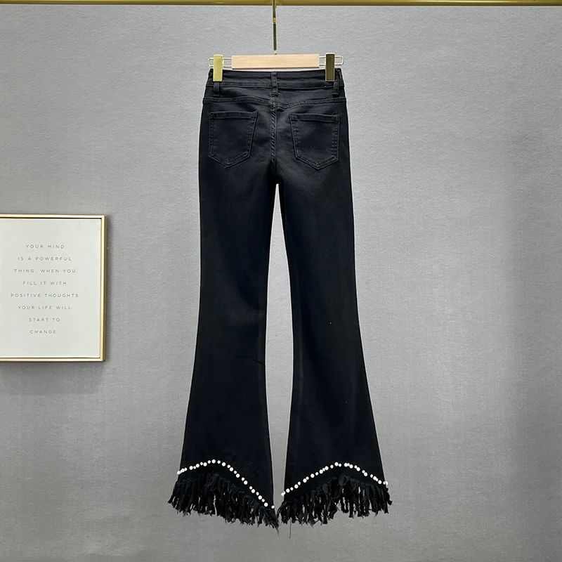 Beaded Denim Bell-Bottom Pants Women's Trendy 2023 New Spring Stretchy High Waist Jeans Slimming Fringed Burr Trousers