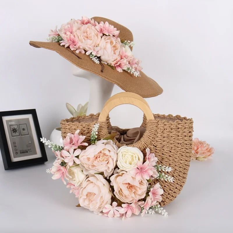 

Straw Bag Women Hand-Woven Handbag Moon Shape Flowers Rattan Bag Larger Capacity Drawstring Casual Beach Hand Bag with Sun Hat