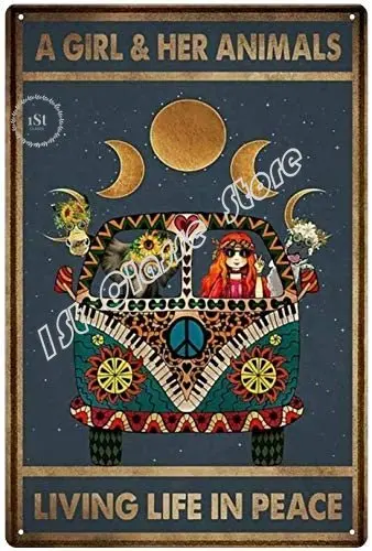 

Retro Tin Signs-A Girl & Her Animals Living Life in Peace, Bar Garage Bathroom Art Wall Metal Decoration 8 Inch X 12 Inch.