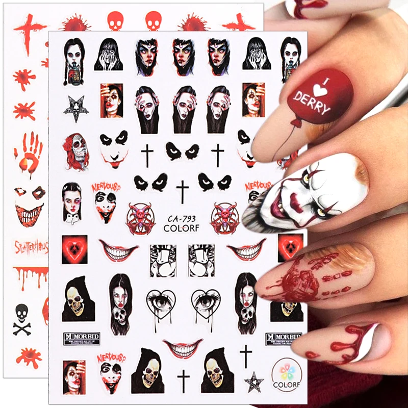 

Halloween Nail Art Stickers Scary Bloody Scars Red Lips Witch Skeleton Design 3D Self Adhesive Nail Stickers Skull Nail Decals