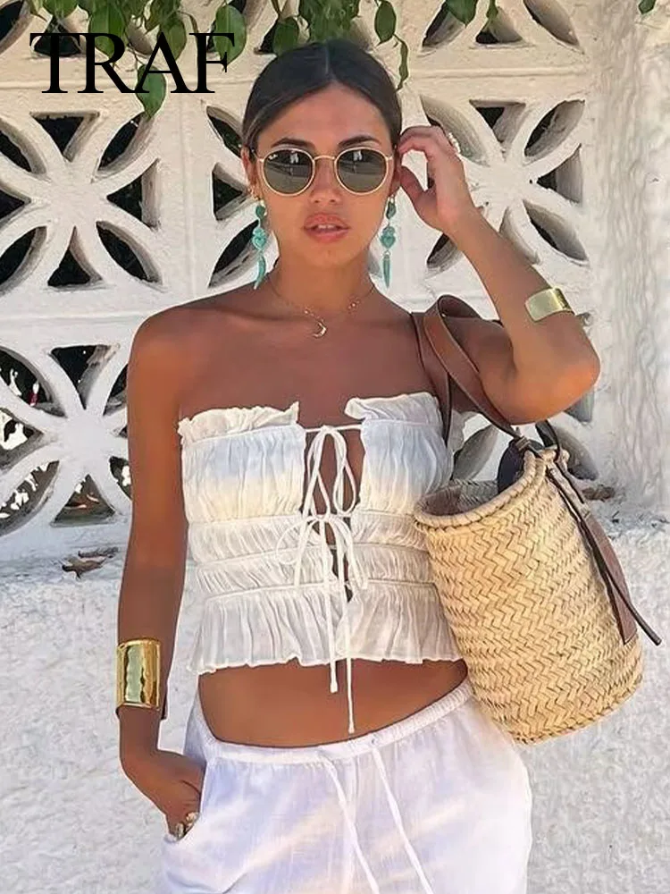 

TRAF Woman Fashion Sexy Club Top Shoulder Sleeveless Slight Strech Junior Solid 2023 Summer Woman Short Camis Wrinkle Mujer