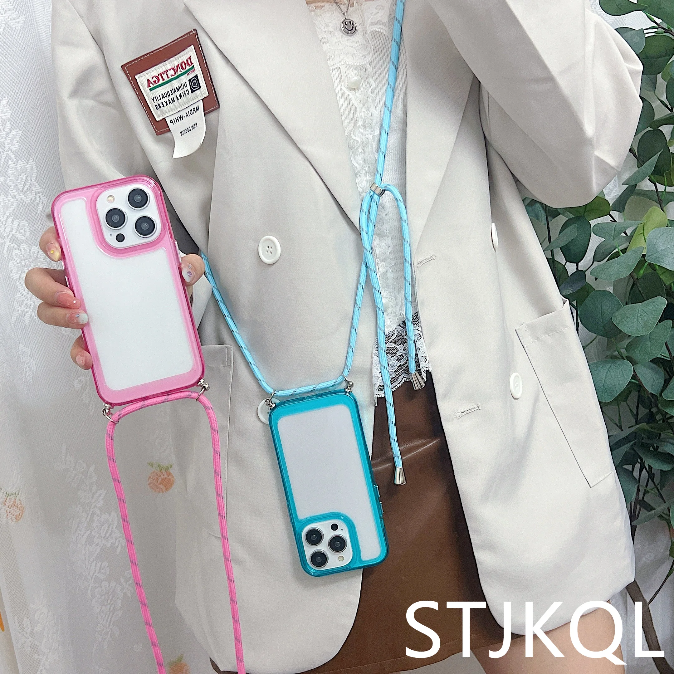 Crossbody Necklace Lanyard Candy Transparent Soft Case For iPhone 13 14 12 11 Pro Max X S XR 7 8 Plus SE3 Clear Shockproof Cover