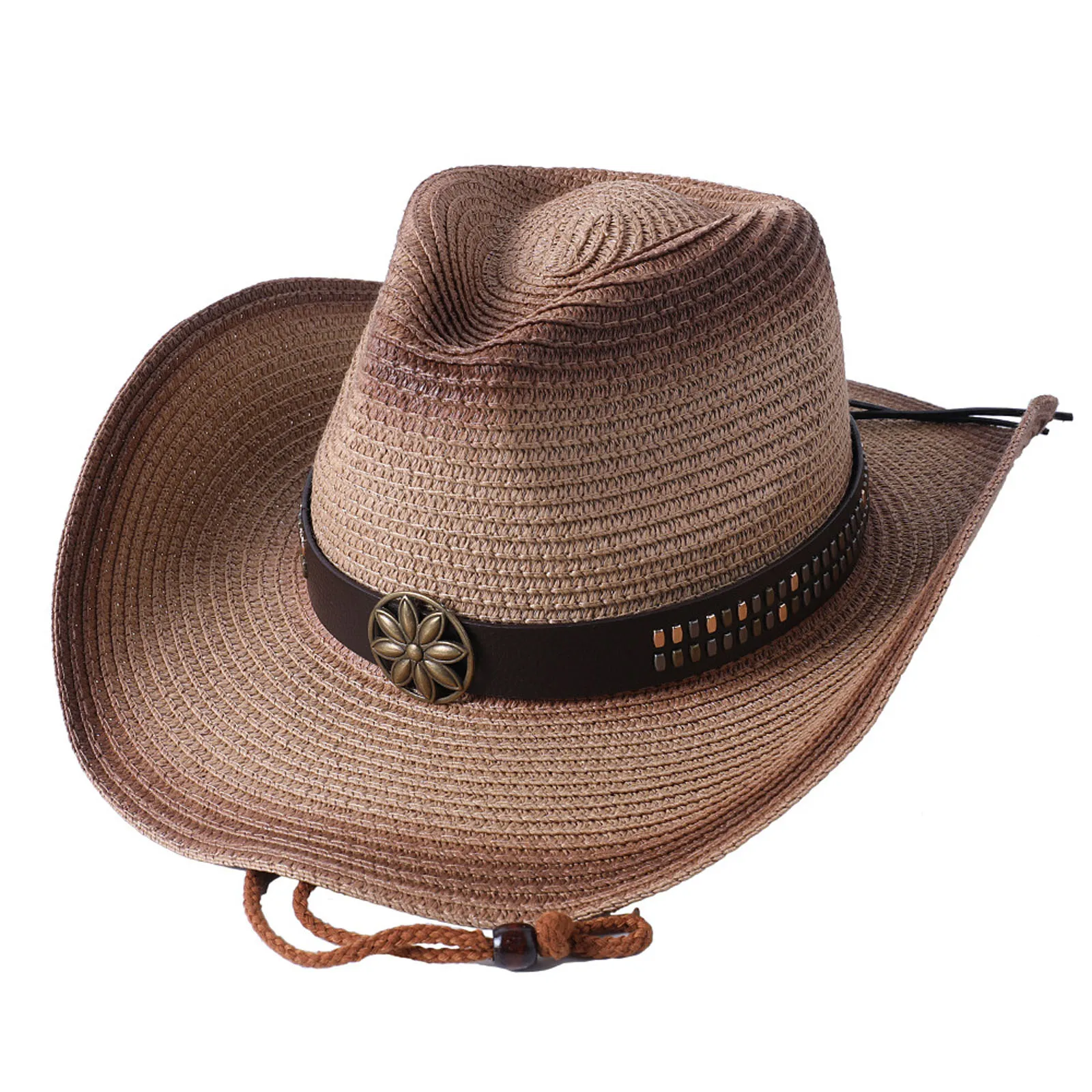 

New Women'S Men'S Splice Painted Western Cowboy Hat Retro Style Curled Wide Edge Adjustable Drawstring Party Hat
