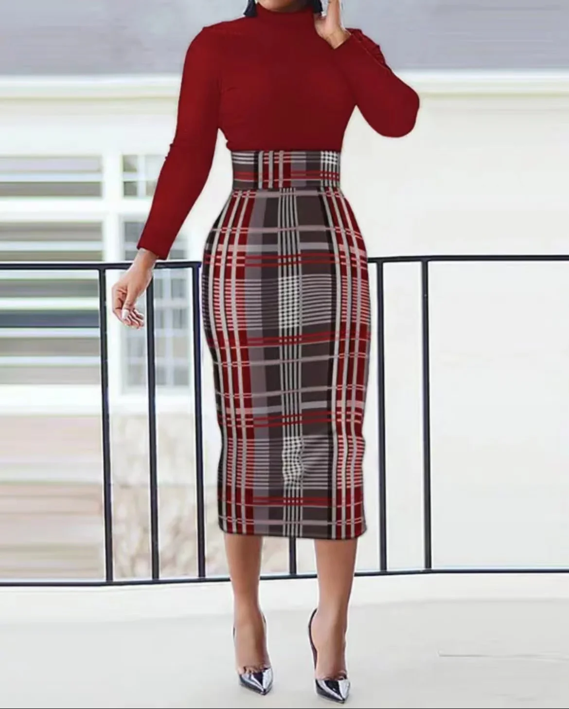 

Autumn Winter Fashion Print Dress Women Office Ladies Elegant High Collar Long Sleeve Printed Slit Slim Dress Women