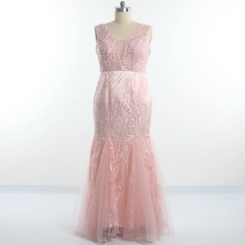 

Evening Dresses Beading Lace O-neck Sleeveless Mermaid Floor Length Lace up Plus size Pink Women 2022 Party Formal Dress B204