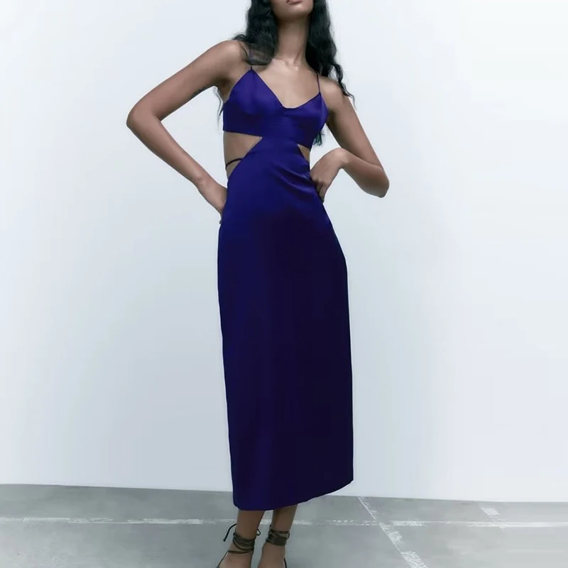 

Summer 2022 Women Hollow Out Design Satin Dress Sleeveless Female Solid Strap Midi Dress Vestidos MSD7164