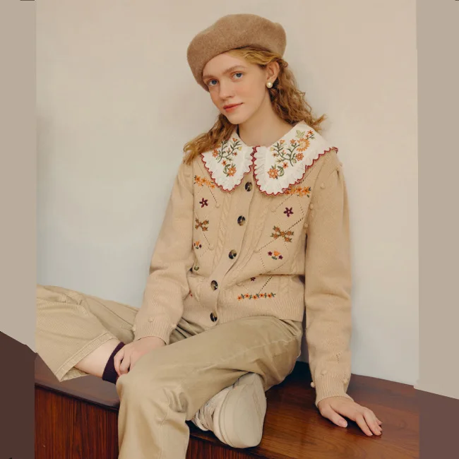 

O-Neck Khaki Color Women Floral Embroidery Sweater Single-Breasted Knit Spring Fall Lady Cardigan Pullovers Tops
