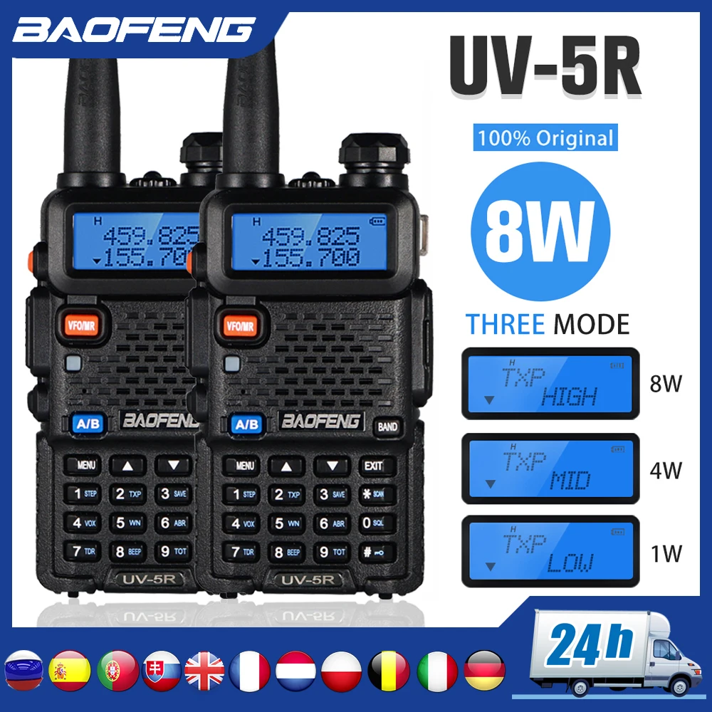 2pcs Real Baofeng UV-5R 8W Walkie Talkie UV 5R High Power Amateur Ham CB Radio Station UV5R Dual Band Transceiver 10KM Intercom