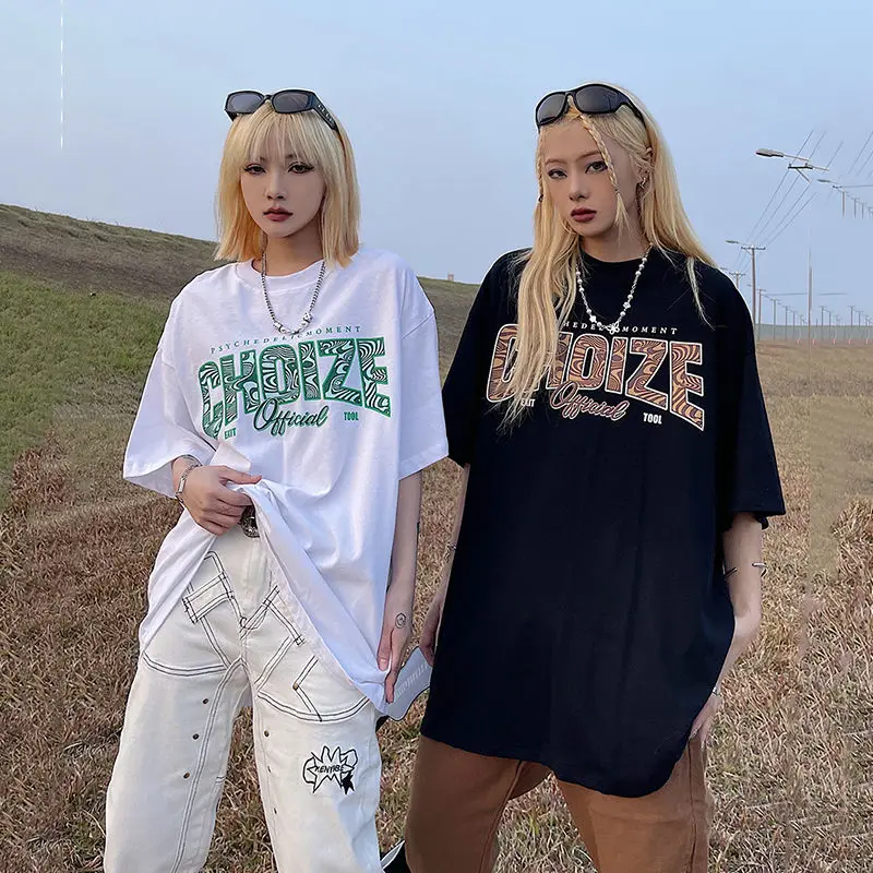 

Summer Cotton T-shirt Women 2022 New Letter Printing Streetwear Loose Short Sleeves Oversized Graphic Tee O-neck Tops BF Style