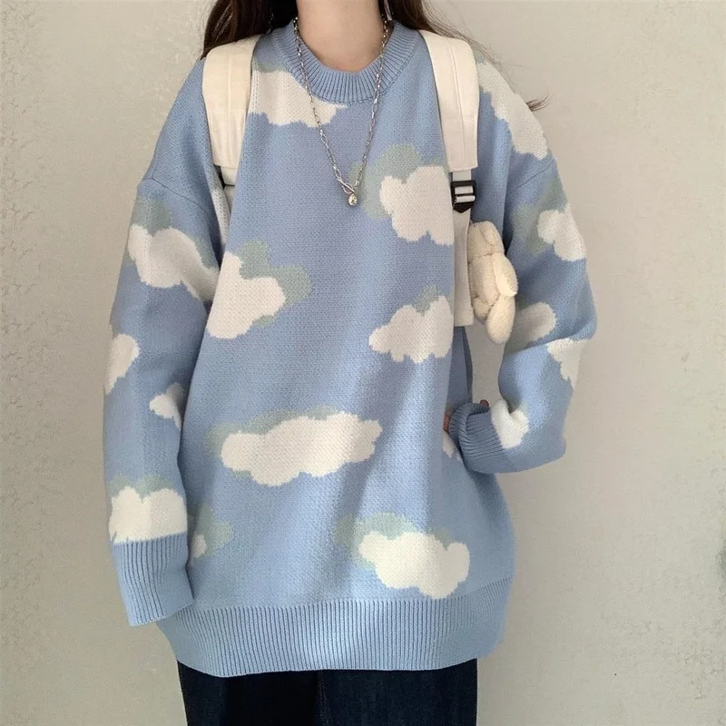 Maglioni blu donna Harajuku Lovely Cloud Chic Preppy gilet semplice Oversize morbido sciolto autunno primavera adolescenti maglieria Pullover 2021