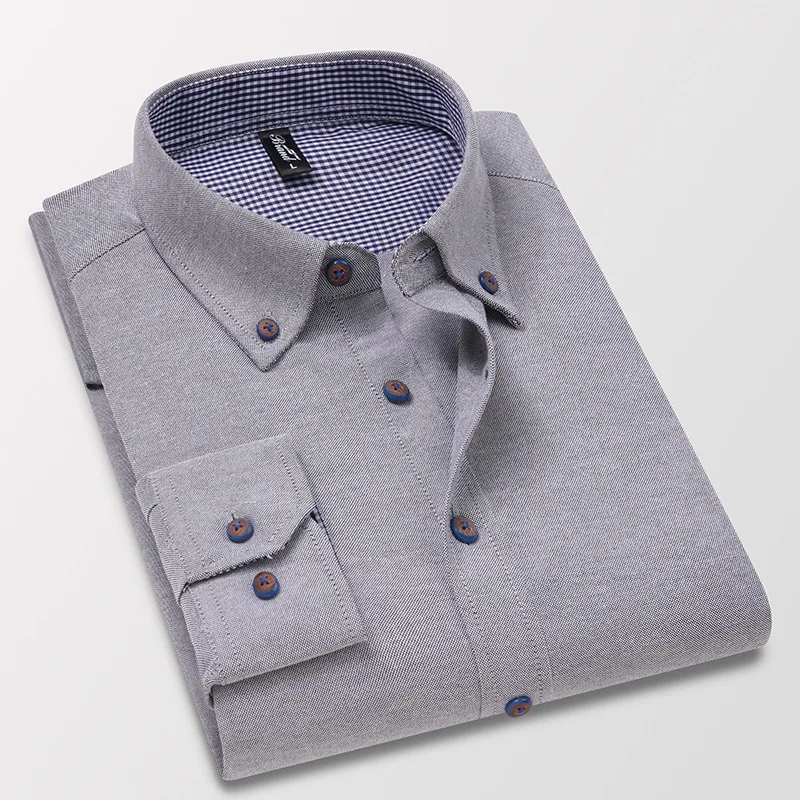 Fashion Men's Fashion Long Sleeve Solid Oxford Plaid Shirt Single Simple Design Casual Standard-fit Button-down Collar Shirts