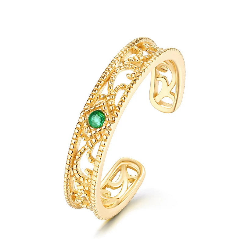 

Vintage lace striped lace hollow open ring 925 silver plated emerald female ring 210306-26