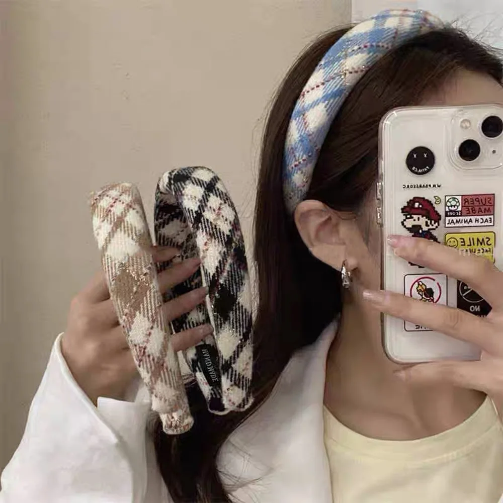 

French Retro Plaid Headband for Women Woolen Plaid Hairband Wide Edge College Style High Skull Headwear Premium Hair Accessories