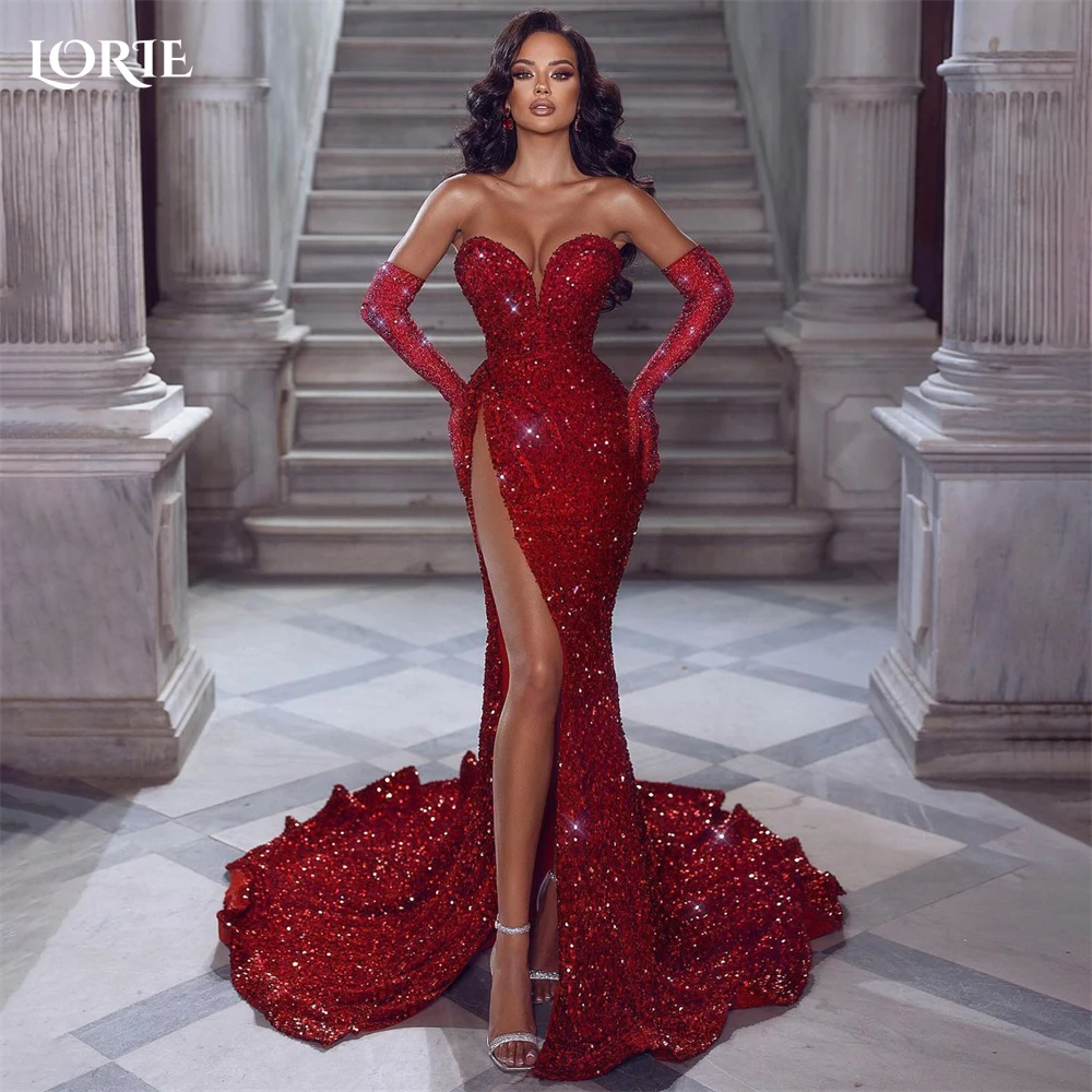 

LORIE Luxury Glitter Mermaid Evening Dresses Off Shoulder Backless Sparkly Prom Dress Side Slit Celebrity Party Gowns No Gloves