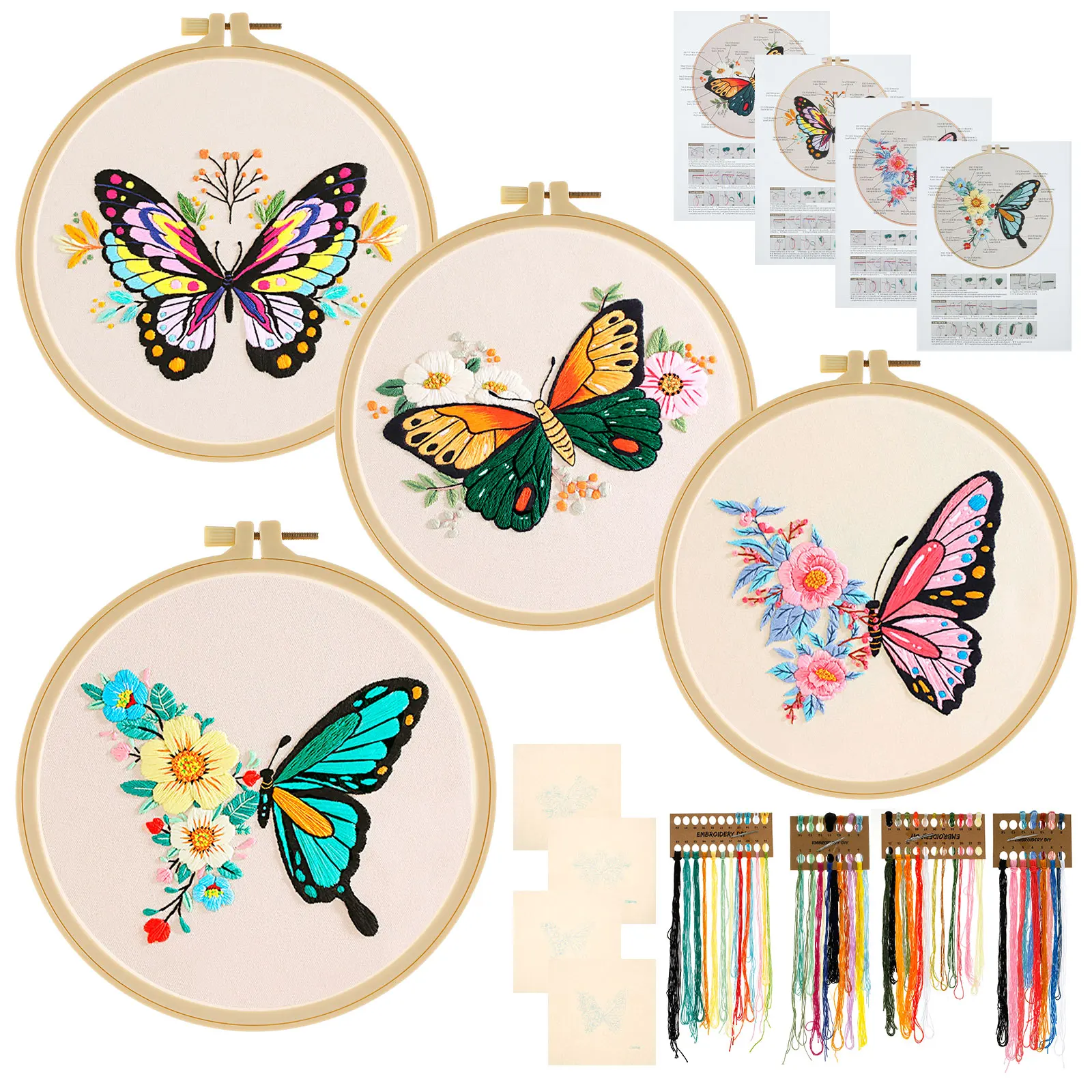 

4 Pcs Embroidery Kit for Beginners Butterfly Embroidery Starter Kits Washable Pattern Embroidery Stitch Kit Vibrant with