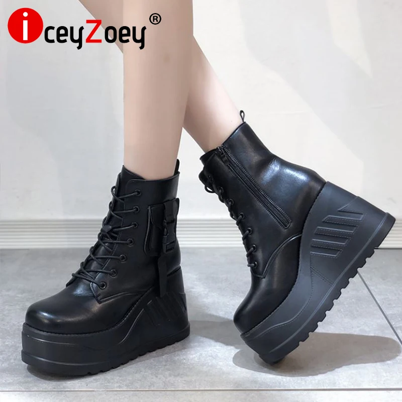 

IceyZoey Size 35-43 Ankle Boots For Women Thick Bottom Shoes Solid Color Platform Short Boots New Fashion Women Footwear