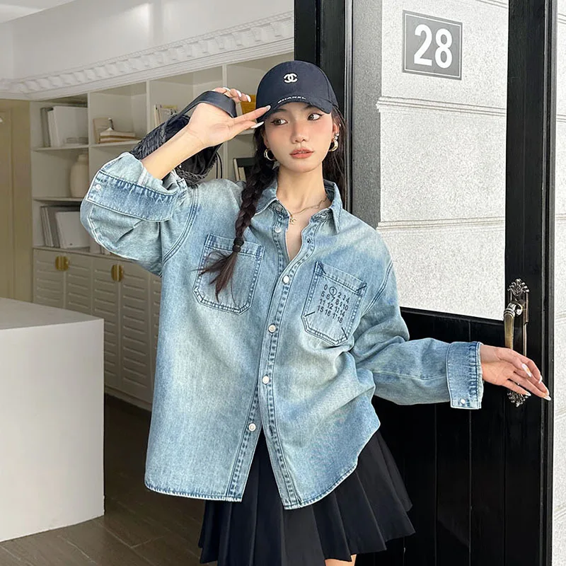 

Maison Margiela Shirts Women's Summer 23FW New Mm6 Letter Print Loose Denim Shirt Trendy Luxury Designer Embroidery