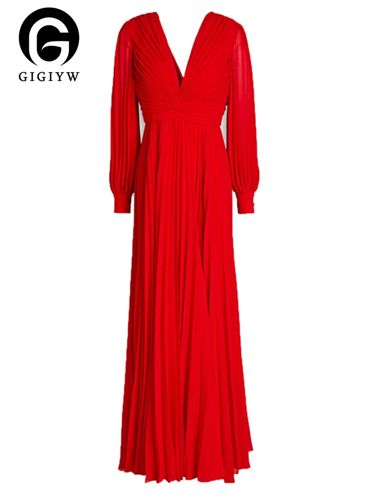 

Женское длинное плиссированное платье GIGIYW, однотонное новое вечернее платье с открытой спиной и V-образным вырезом, с длинным рукавом, лето 2023
