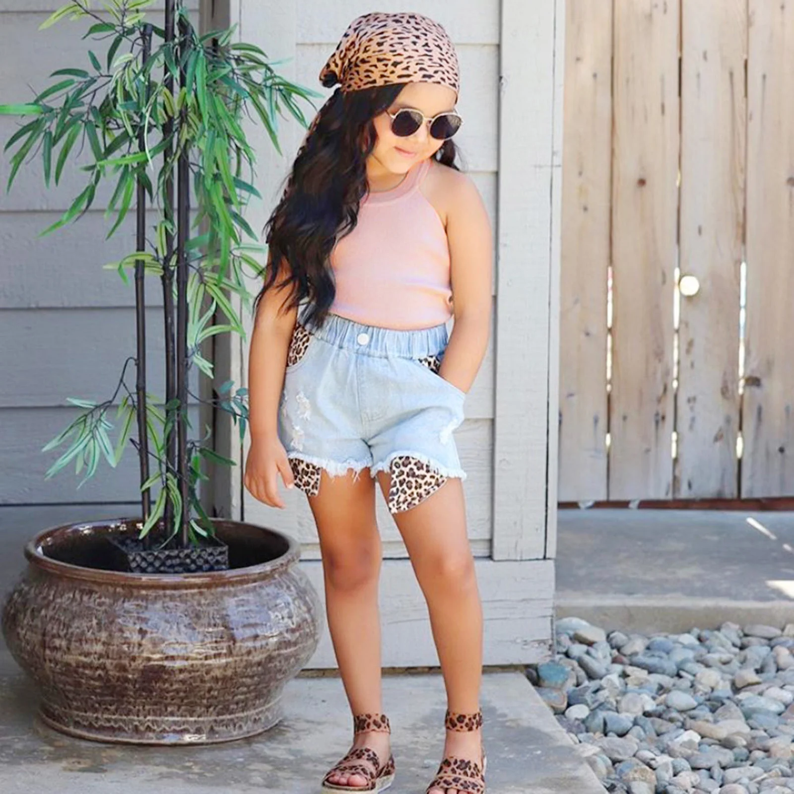 

3-8Y Kids Girls Summer Clothes Knit Rib Halterneck Tops and Casual Leopard Patchwork Ripped Denim Shorts Elastic Headband Set