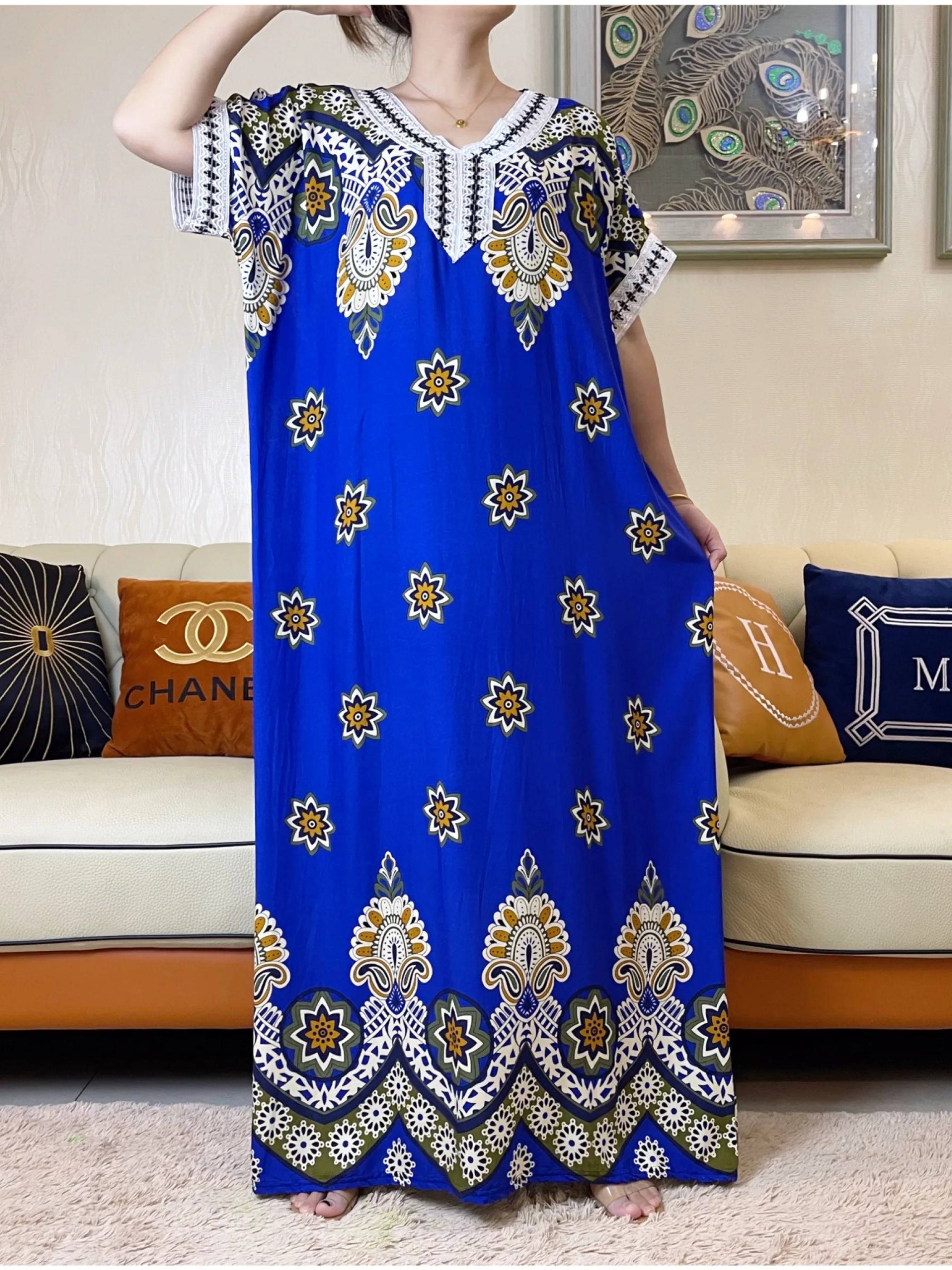 2023 New African Cotton Abaya Colorful Print Floral Short Sleeve Loose Style Dashiki Dubai V Neck Stripe Long Lady Dresses
