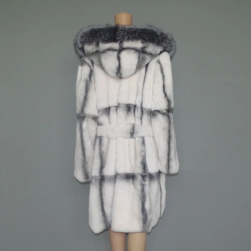 Real Fur Coat Women Winter Chinchilla Rex Rabbit Fur Jacket Large Silver Fox Fur Hood Thick Warm Streetwear Luxury Outerwear enlarge