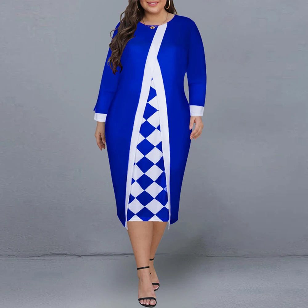 

Женское платье с длинным рукавом, голубое платье средней длины в клетку, модель 5Xl на весну, 2022