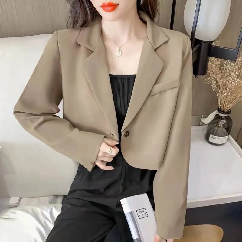 Korean Cropped Blazers Women Black Khaki One Button Outerwear Female All-match Long Sleeve Office Suit Jacket Coat