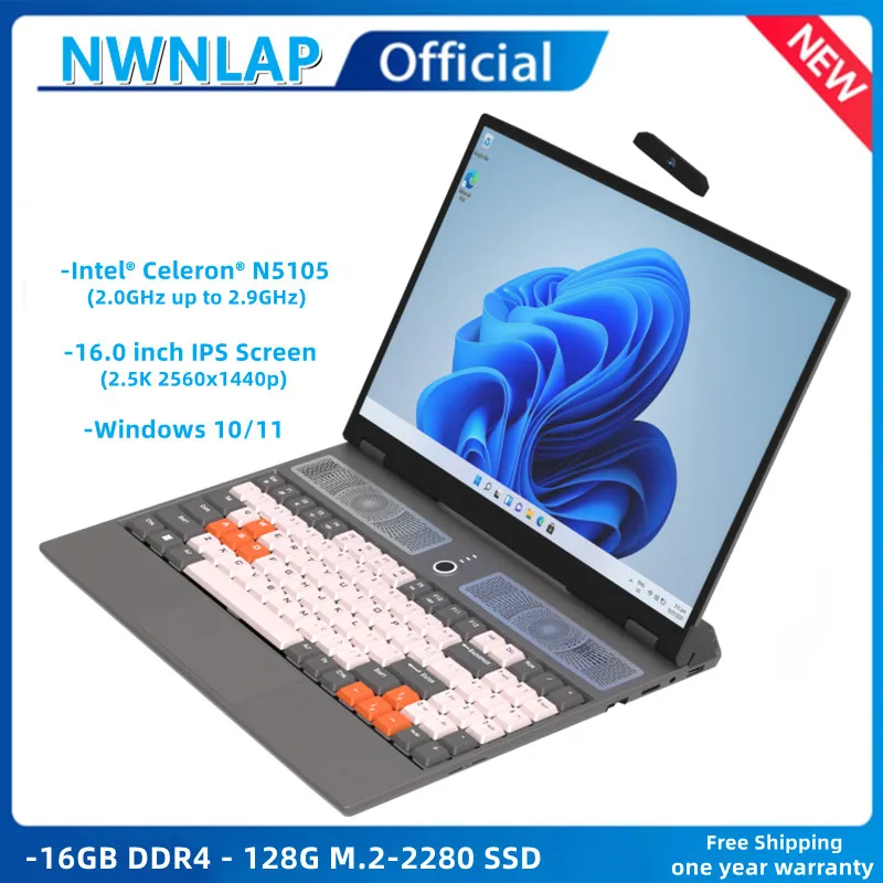 N5105 16.0 Inch 2.5K IPS RAM 16GB DDR4 ROM 128GB SSD Windows 11 Intel Portable laptos Student Notebook Quad Core laptop