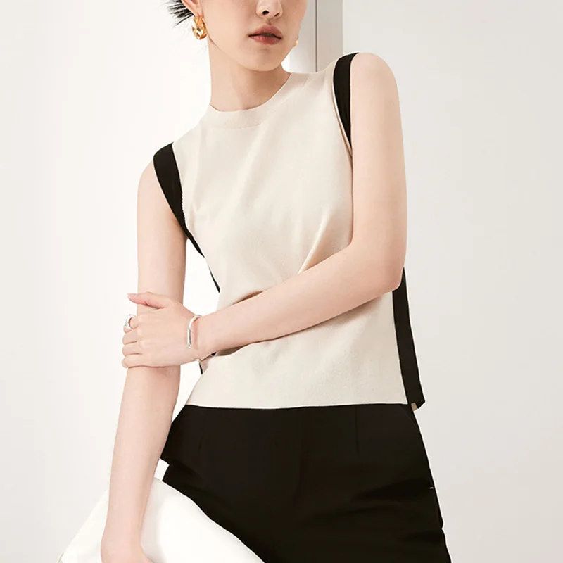 

2022 Summer New Color Collision Classic Fashion O-neck Knit Tank Tops Elegant Slim Women Camis Casual Female Tees