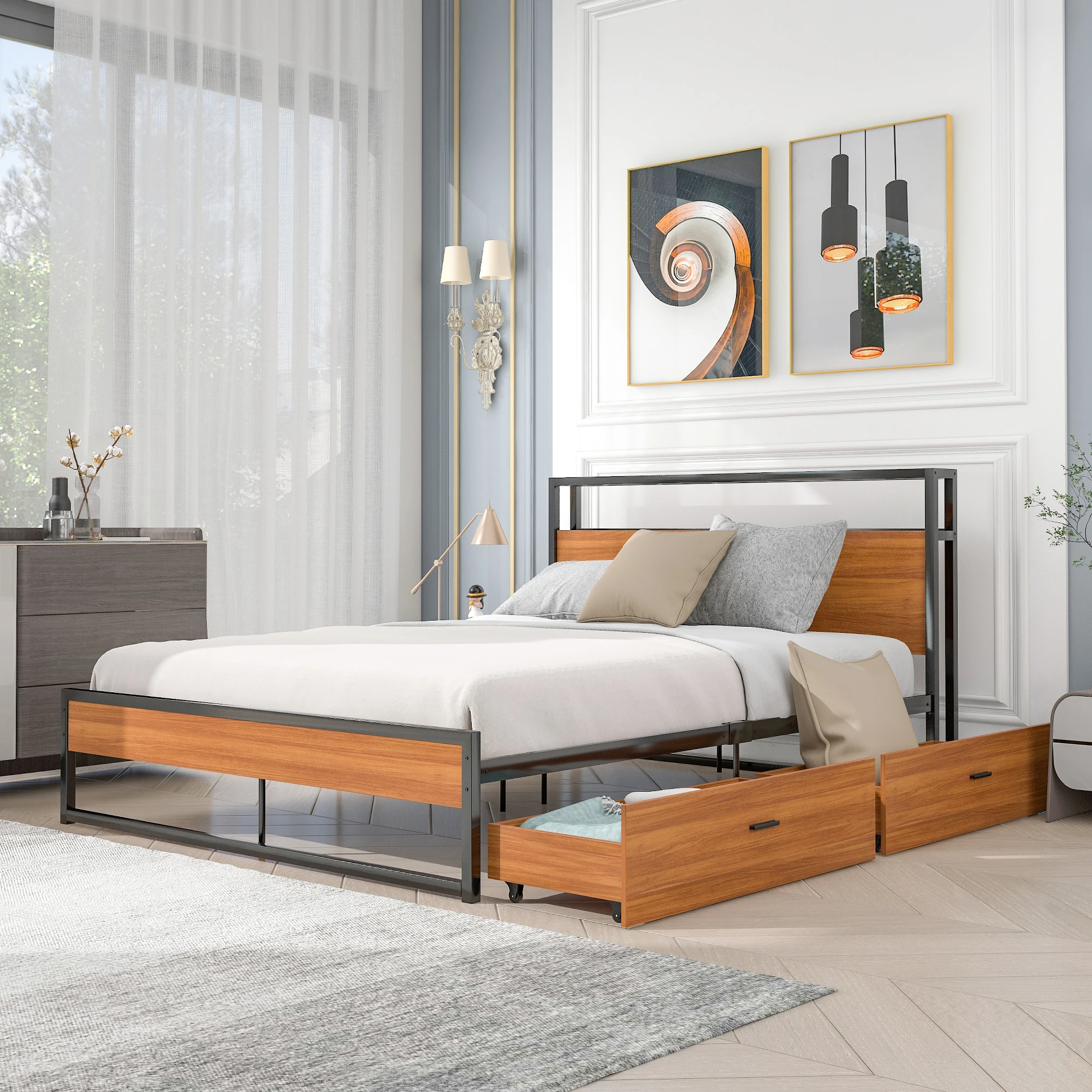 With Two Drawers,sockets And Usb Ports ,slat Support No Box Spring Needed